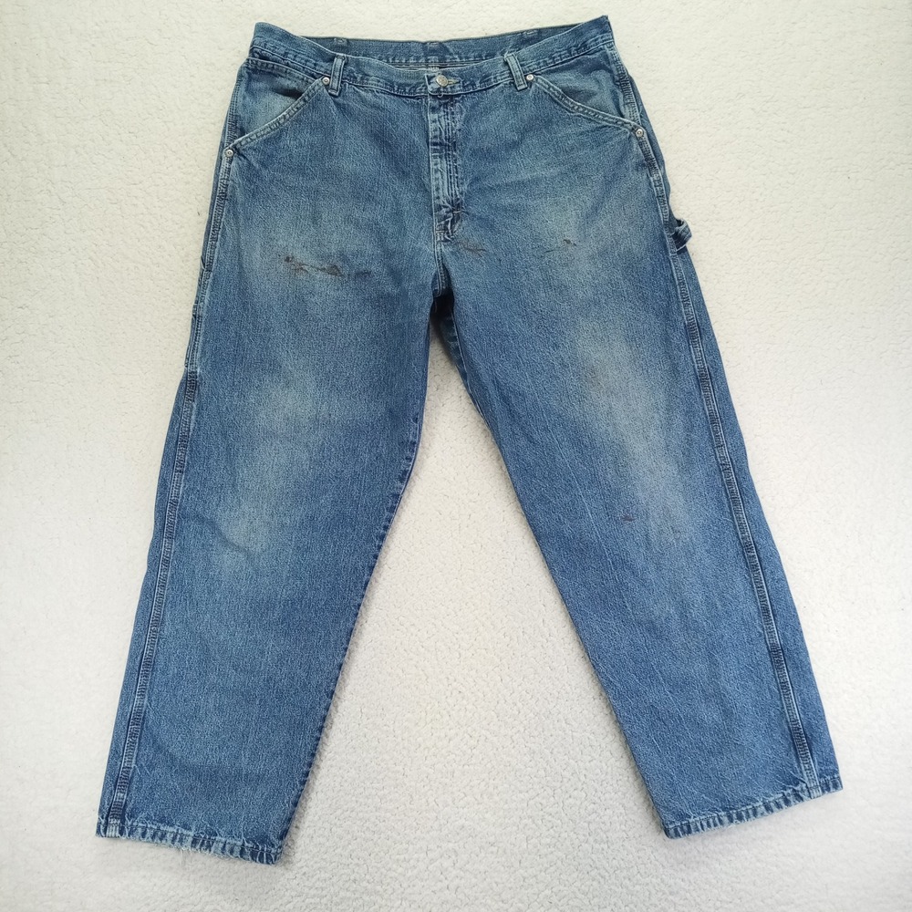 Wrangler WRG Jeans Co Men 38x30 Blue Carpenter Pants Distressed Workwear 94SE0DV